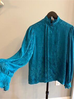 Jantzen Teal Floral Satin High-Neck Blouse
